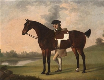 A classical portrait of a figure in riding attire standing beside a dark horse against a soft landscape.