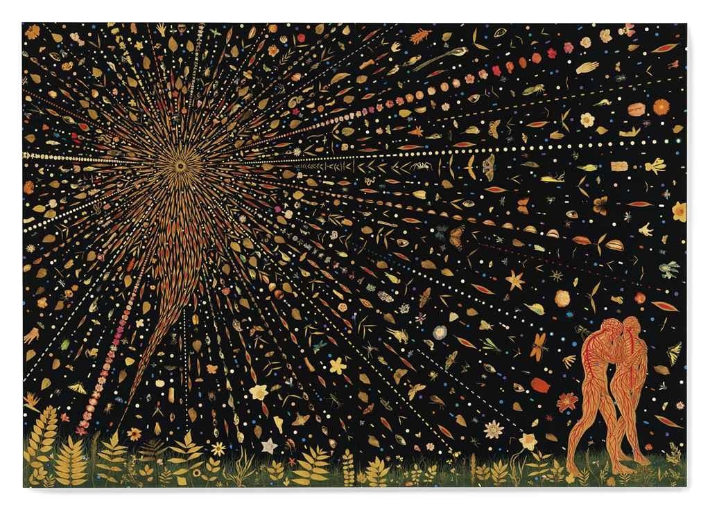 Artwork by Fred Tomaselli, Untitled (Expulsion), Made of leaves, pills, insects, mushrooms, printed paper collage, acrylic and resin on panel