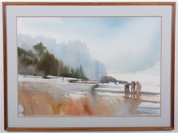 beach scene with trees in distance by Jerry Stitt, 1981