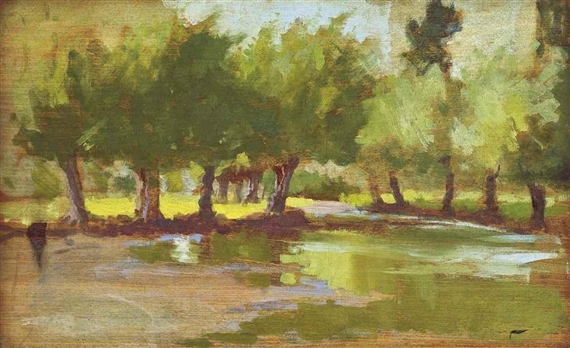 A wooded river landscape (recto), and A Spring wood (verso) by Sir Alfred James Munnings