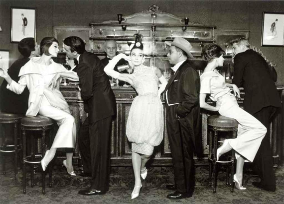 Audrey Hepburn and Art Buchwald, Simone, Barbara Mullen, Frederick Eberstadt and Dr. Reginald Kernan, Evening dresses by Balmain, Dior, Patou, Maxim's, Paris, August 1959