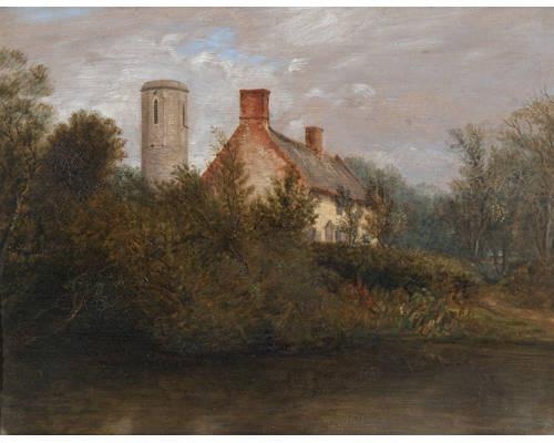 Cottage with church tower beyond before a river by Perry Nursey, 1840