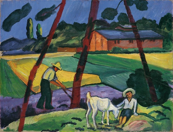 Landschaft Mit Bauer, Junge Und Ziege by August Macke, 1914