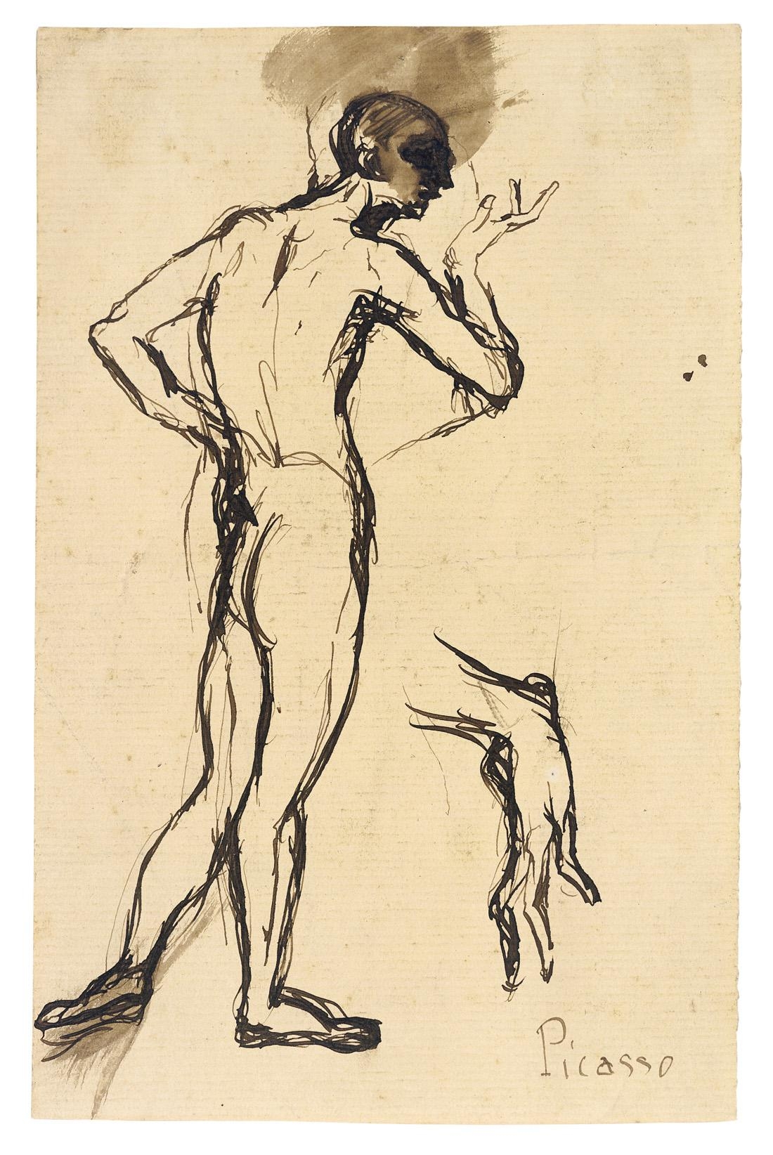 Artwork by Pablo Picasso, Stehender männlicher Akt mit Handstudie, Made of Pen and India ink on laid paper