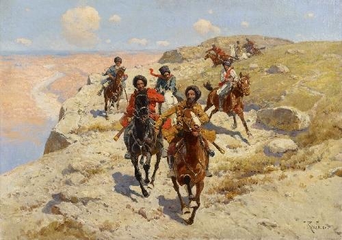 Artwork by Frants Alekseevich Rubo, CIRCASSIAN HORSEMEN, Made of Oil on canvas
