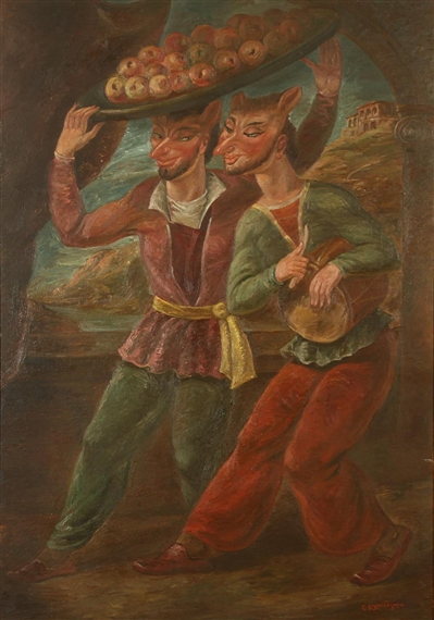 Two Masked Men Carrying a Tray of Fruit by Lado Davidovich Gudiashvili 