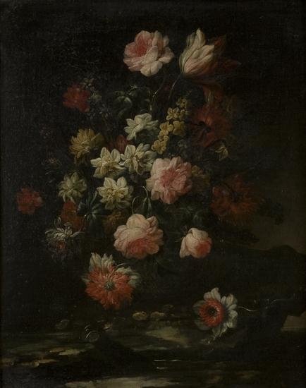 Rose, peonie, giacinti e anemoni in un cesto di vimini en plein air by Roman School, 17th Century, 17th century