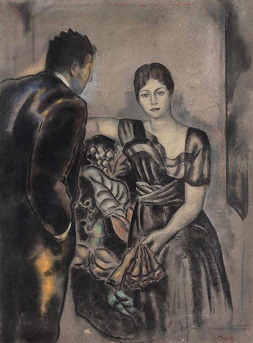 Artwork by Svein Bolling, Artist looking at portrait of Olga Koklova, Made of Pastel