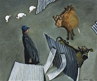 Artwork by William Robinson, FARMYARD CONSTRUCTION WITH SELF PORTRAIT, Made of oil on canvas