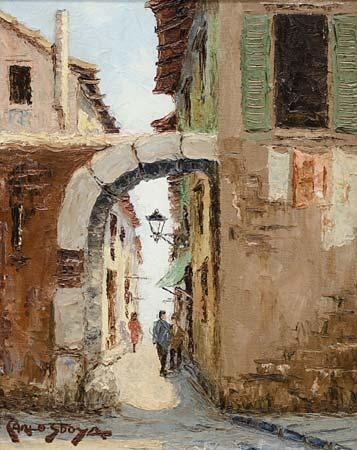Figures in a Mediterranean alleyway by Carlo Sdoya