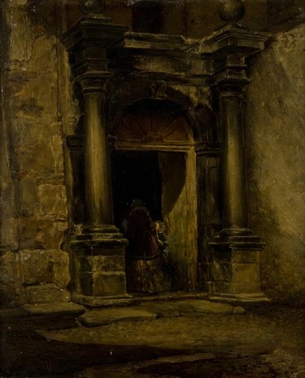 FIGURES CLOSE THE ANCIENT PORTAL by Mario de Maria