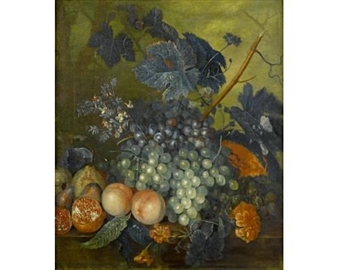 Peaches, grapes, pomegranates, a melon, and other fruit with flowers on a stone ledge - Jacobus Van Huysum