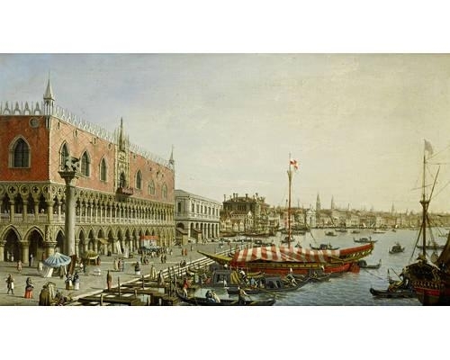 Two works : The Riva degli Schiavoni with the Palazzo Ducale, Venice;  The Molo with the Punta della Dogana, Venice by Canaletto