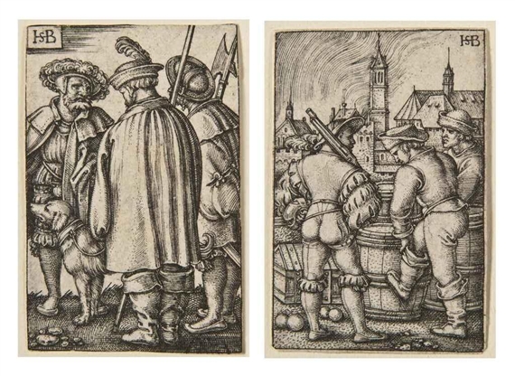 2 works: Three Soldiers and a Dog; The Guard near the Powder Casks by Hans Sebald Beham, circa 1540