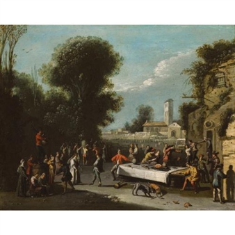 Peasants carousing and feasting in a landscape with ruins, a church beyond Picture