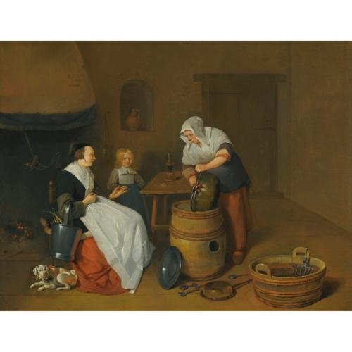 A woman talking with her maid in a kitchen interior with a child, a dog and a fire by Quirijn van Brekelenkam, 1660