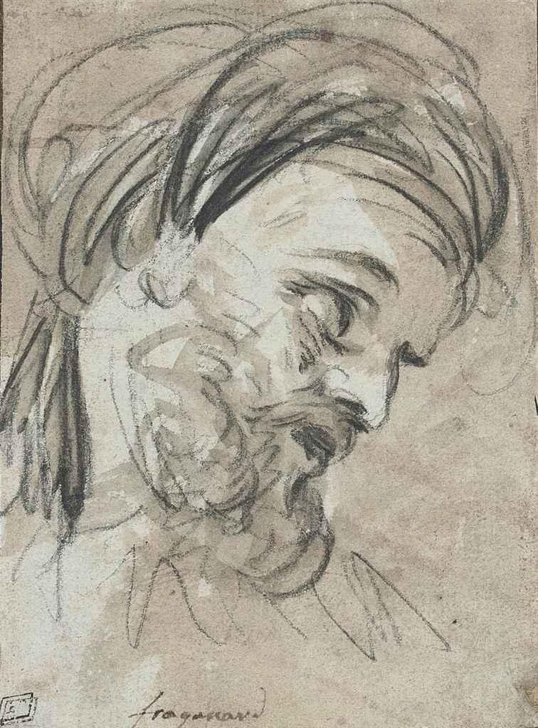 Artwork by Jean-Honoré Fragonard, Head of a bearded man, wearing a turban, Made of black chalk, brown wash
