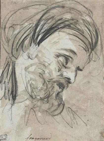 Head of a bearded man, wearing a turban by Jean-Honoré Fragonard