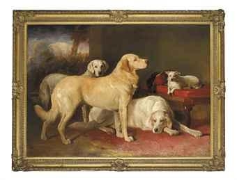 Artwork by John Hamilton Glass, Golden retrievers and a terrier, Made of oil on canvas