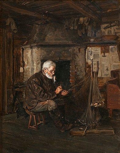 Artwork by Adolf von Becker, Repairing the Fishing Net, Made of Oil on canvas