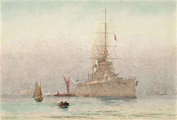 H.M.S. Queen Mary lying at anchor in Portsmouth Harbour by Alma Claude Burlton Cull, 1915