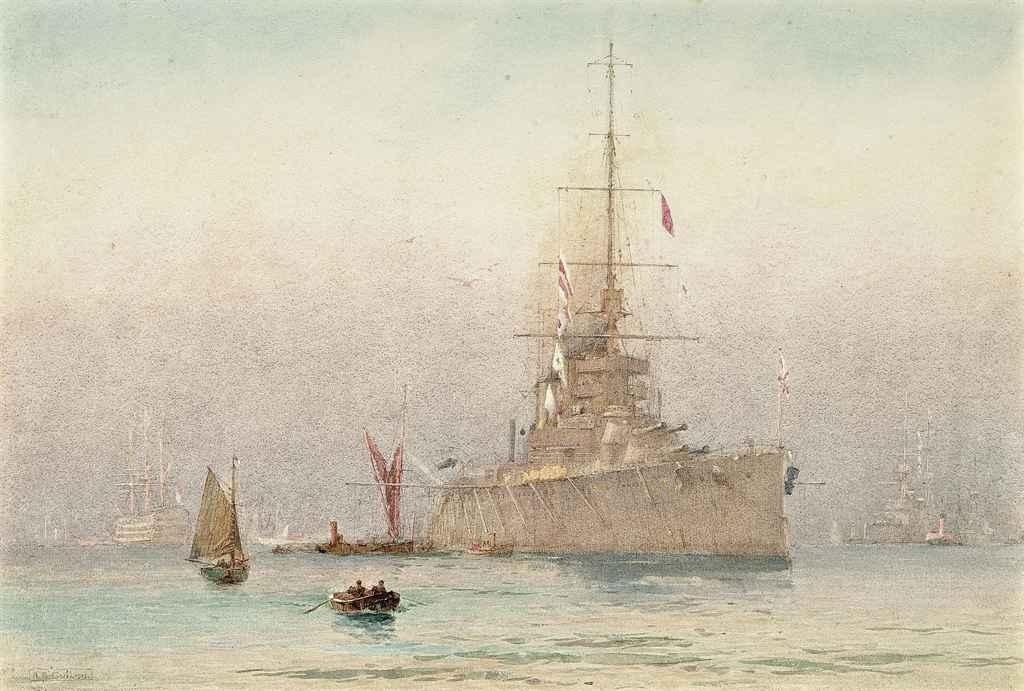 Artwork by Alma Claude Burlton Cull, H.M.S. Queen Mary lying at anchor in Portsmouth Harbour, Made of pencil, pen and brown ink and watercolour with touches of bodycolour, on paper