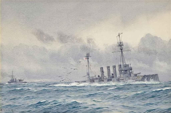 The sinking of H.M.S. Warrior after the Battle of Jutland by Alma Claude Burlton Cull, 1916