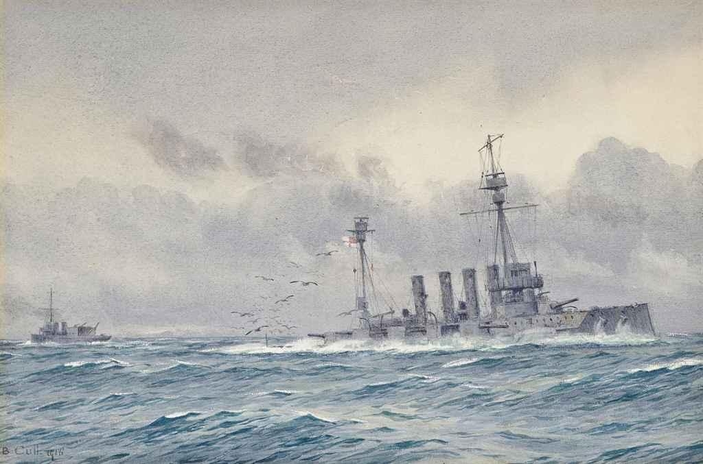 Artwork by Alma Claude Burlton Cull, The sinking of H.M.S. Warrior after the Battle of Jutland, Made of watercolour with scratching out, on paper