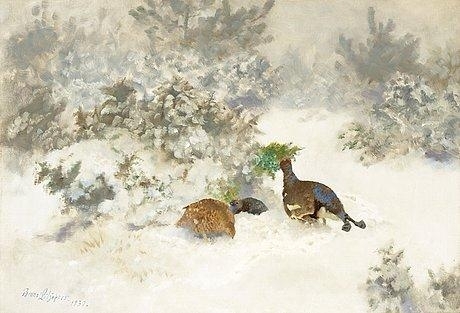 Winter landscape with Black grouse and Grey hen by Bruno Liljefors, 1937