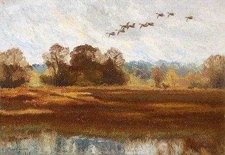 A flight of wild ducks by Bruno Liljefors, 1917