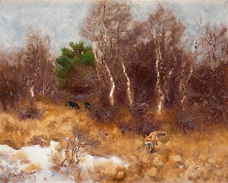 Forest landscape with fox and hounds by Bruno Liljefors, 1917