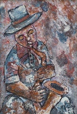 Artwork by Peter Sibeko, Saxophone player, Made of Oil & mine sand on board