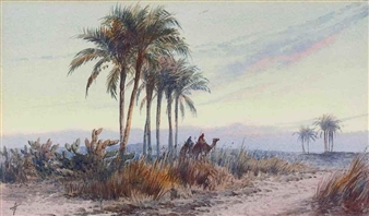 Two works : Arabs on the coast; Arabs in the desert at dusk - Alfred J. Ternoath