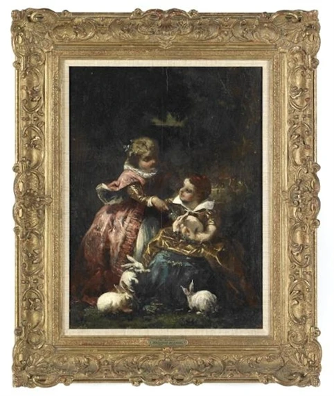 Faustin Besson | Two children playing with rabbits | MutualArt