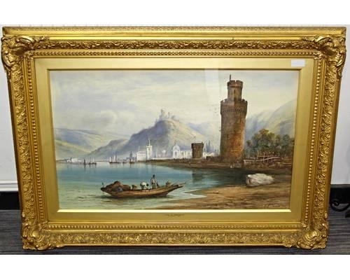 An Italianate lake scene with figures in a punt by Edwin St. John
