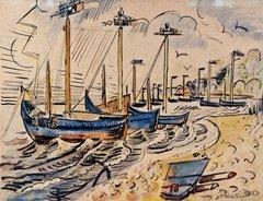 At the Courland Spit - coast scene with fishing boats by Max Pechstein, 1919
