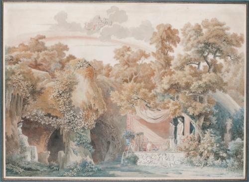 Stage design: a grotto with the temple of vesta, juno in the sky above by Charles Percier