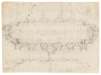 A detailed architectural sketch of an ornate oval room with intricate column and arch designs.