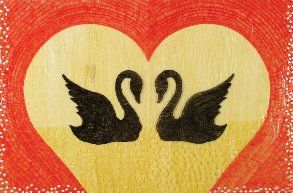 Artwork by Hilla Lulu Lin, Swans in a Heart, Made of Ink and collage on paper