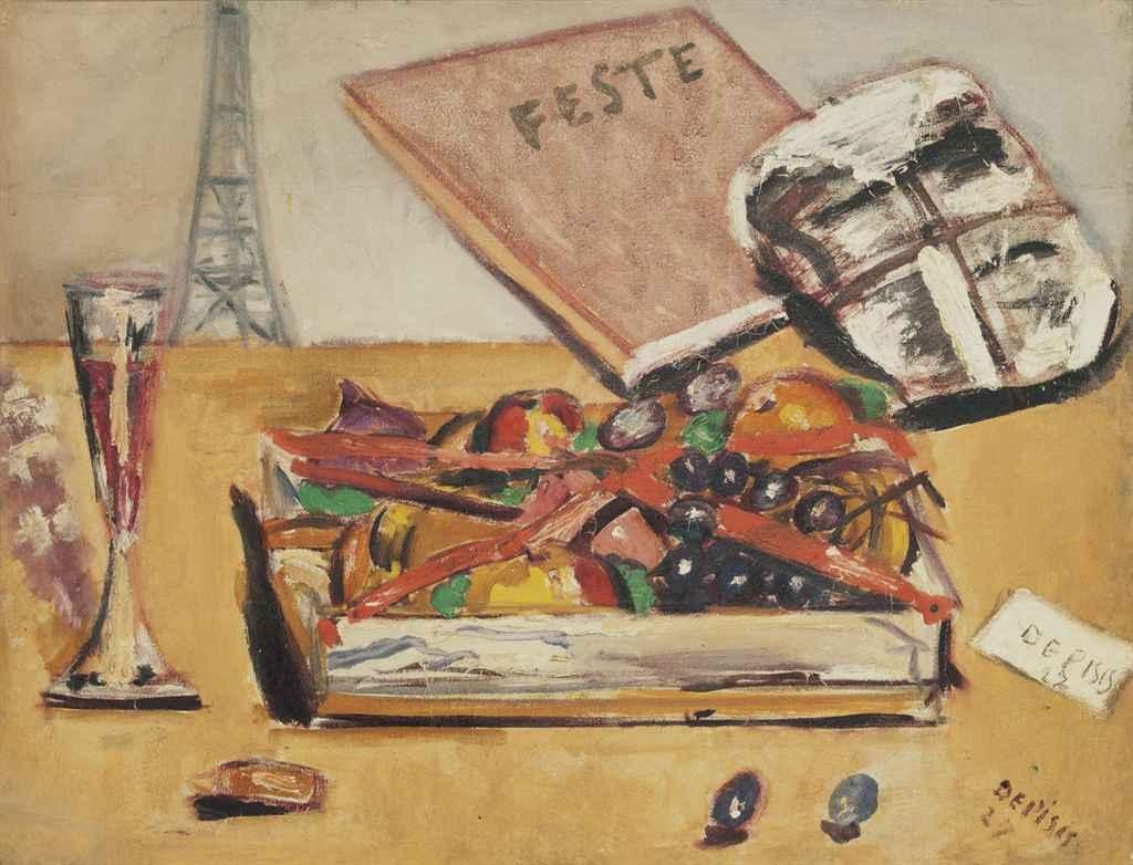 Artwork by Filippo de Pisis, Natura morta con la scritta "Feste", Made of Oil on canvas