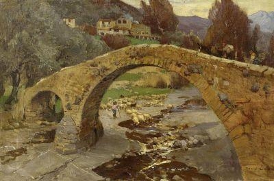 Artwork by Manuel Wielandt, Shepherds near an old bridge in the Ligurian Alps, Made of Oil on canvas
