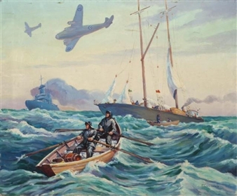 A dramatic maritime scene featuring a small rowing boat battling rough seas with larger vessels and aircraft in the background.