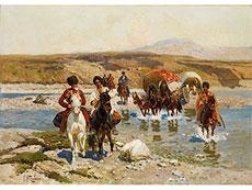Tscherkessenreiter Mit Planwagen In Einer Furt by Frants Alekseevich Rubo