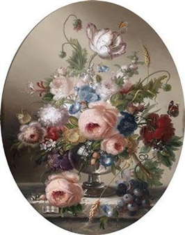 Hildegard Schwammberger Grosses Stillleben Mit Blumen Insekten Und Trauben Mutualart