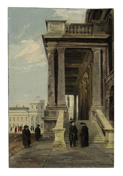 Artwork by James Holland, Pensioners in the Great Quadrangle, Greenwich, Made of Oil on canvas