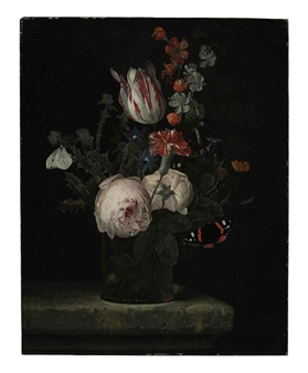 Adriaen van der Spelt | Flowers in a glass vase on a marble ledge with ...