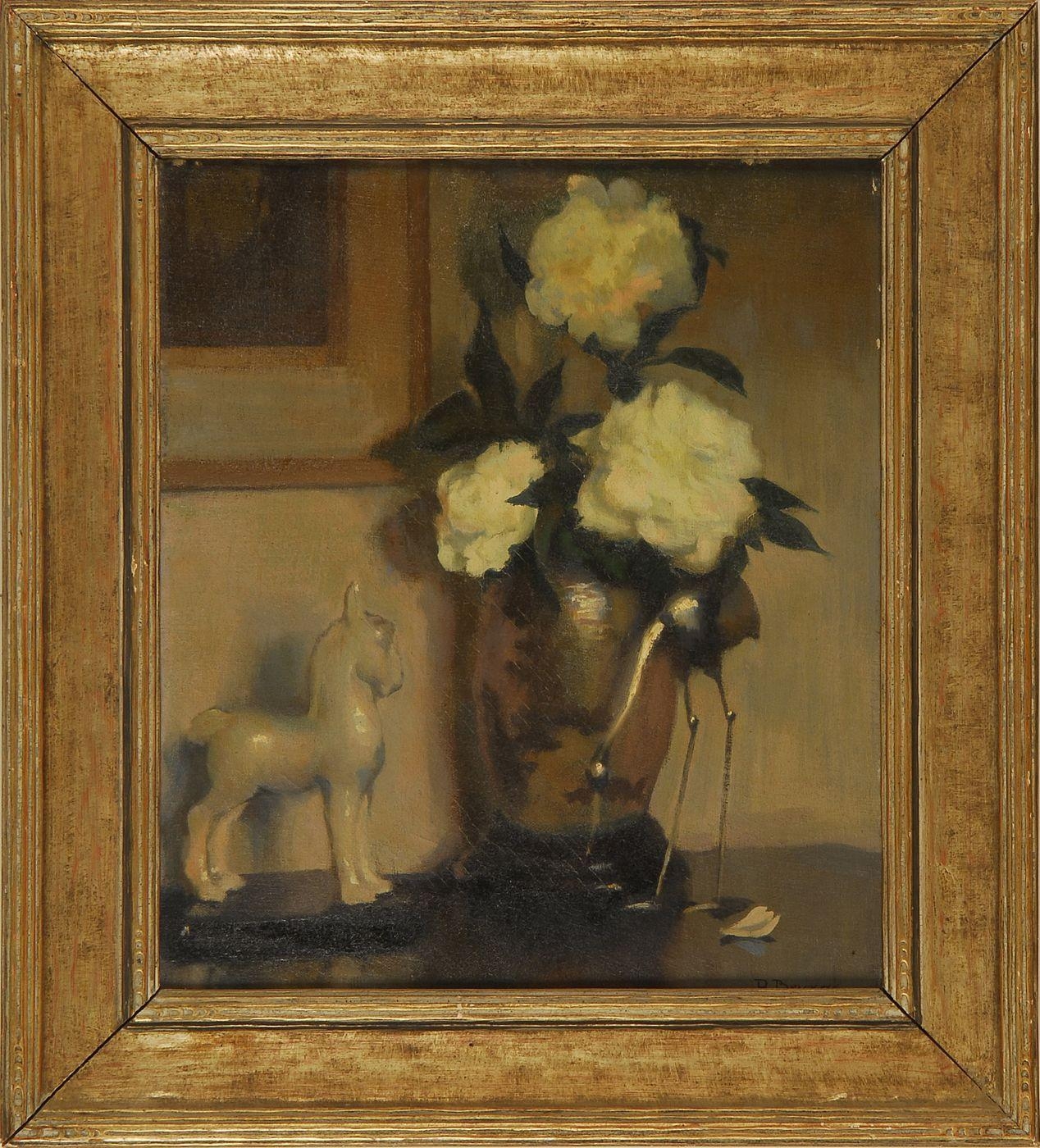 Artwork by Richard Delano Briggs, Still life with porcelain horse, crane and flowers, Made of Oil on canvas