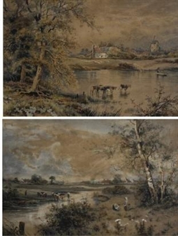 2 works: PUNTING; PICKING WILD FLOWERS - Charles Frederick Allbon