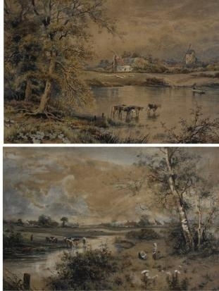 2 works: PUNTING; PICKING WILD FLOWERS by Charles Frederick Allbon, 1896