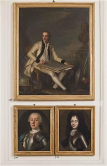 Portrait of a young man in the uniform of the régiment du roi, full-length, seated in an exterior, drawing a portrait, a globe on his right and a bust of General François de Chevert (1695-1769) on his left, before a draped curtain, a landscape beyond - A. Wilbault